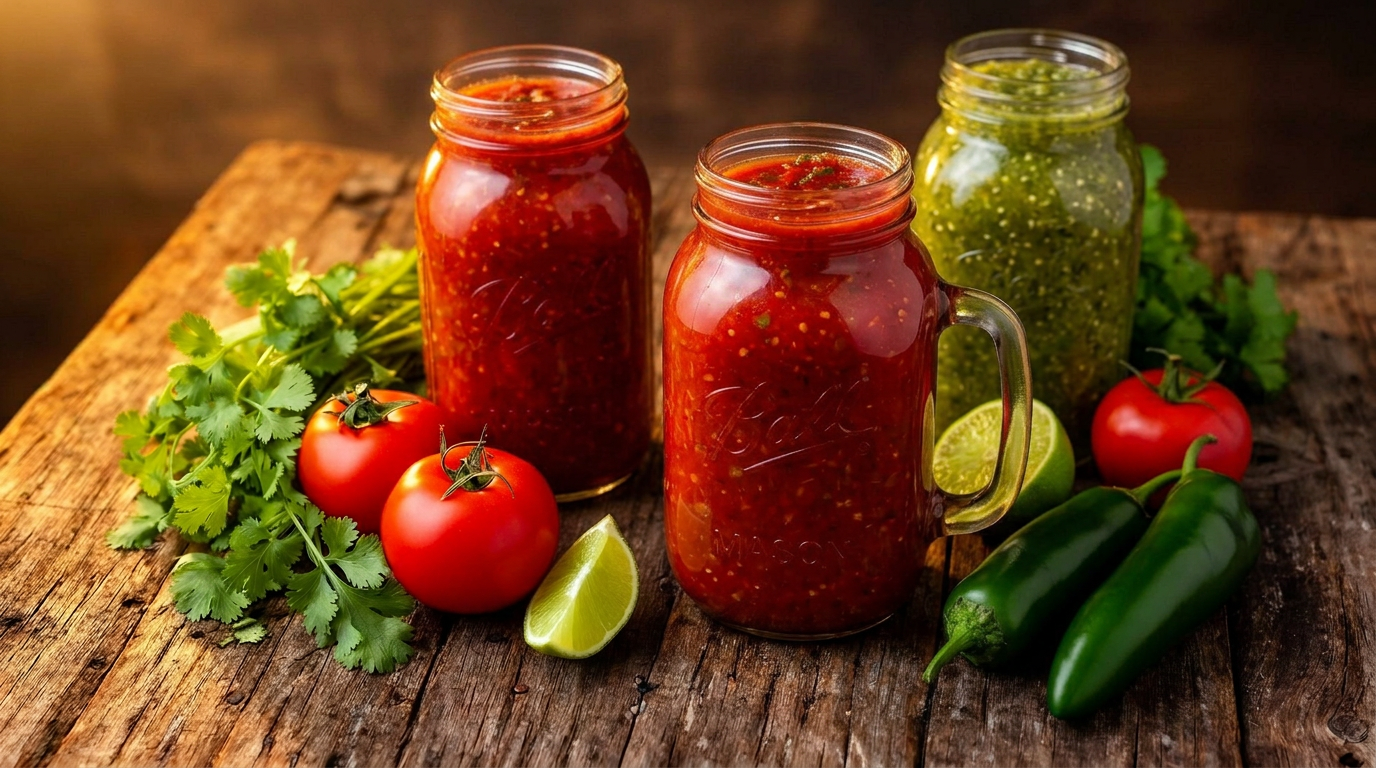 Three jars of Righteous Salsa surrounded by fresh tomatoes, cilantro, lime, and peppers